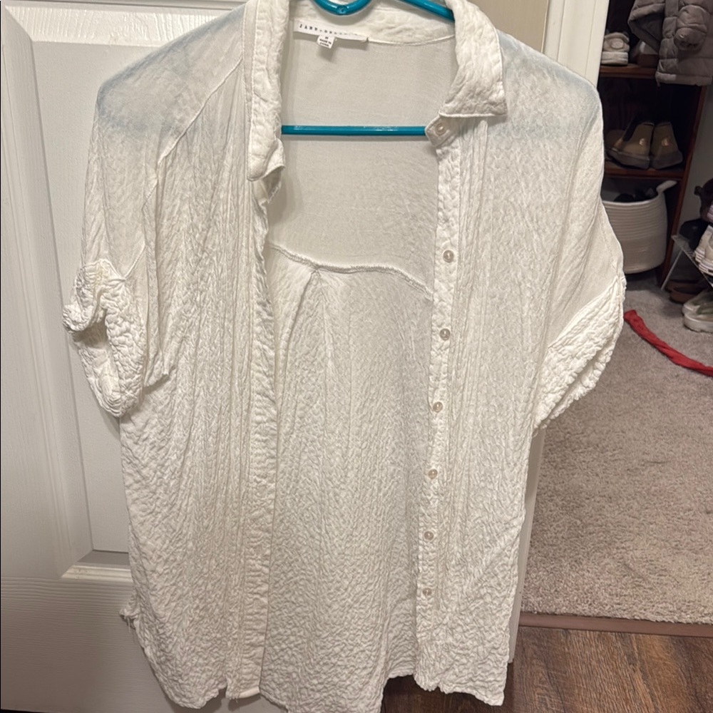 White V-Neck Flutter Sleeve Button Down Shirt